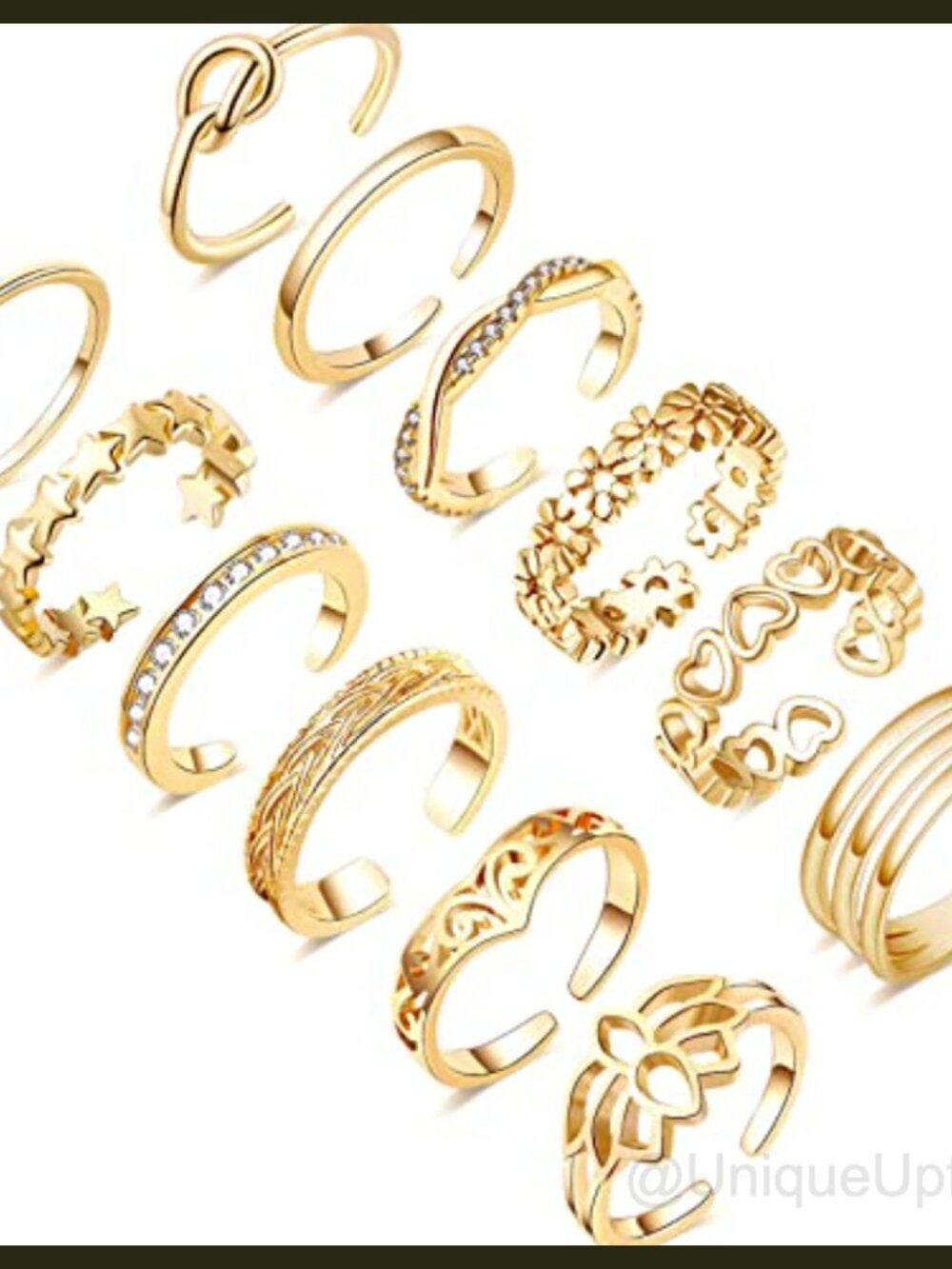 14K Gold Plated Copper Adjustable Toe Rings Set 12pc Non Tarnish